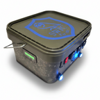 Portable electronic device with blue lights on a white background